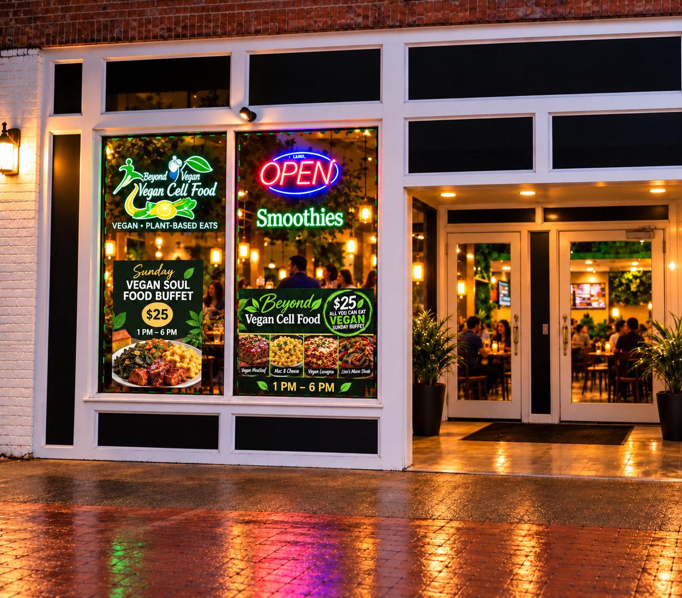 Illustrated updated storefront preview for Beyond Vegan Cell Food, with buffet posters and evening diners